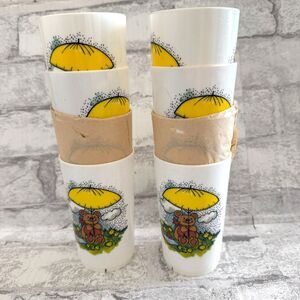 Set Of 8 Vintage Deka Inc 5” Rainy Day Bear Glass Cup Made In USA